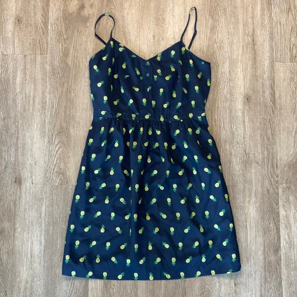 J.Crew Pineapple Printed Seaside Cami Dress Navy‎ Size 6 Pockets Lined